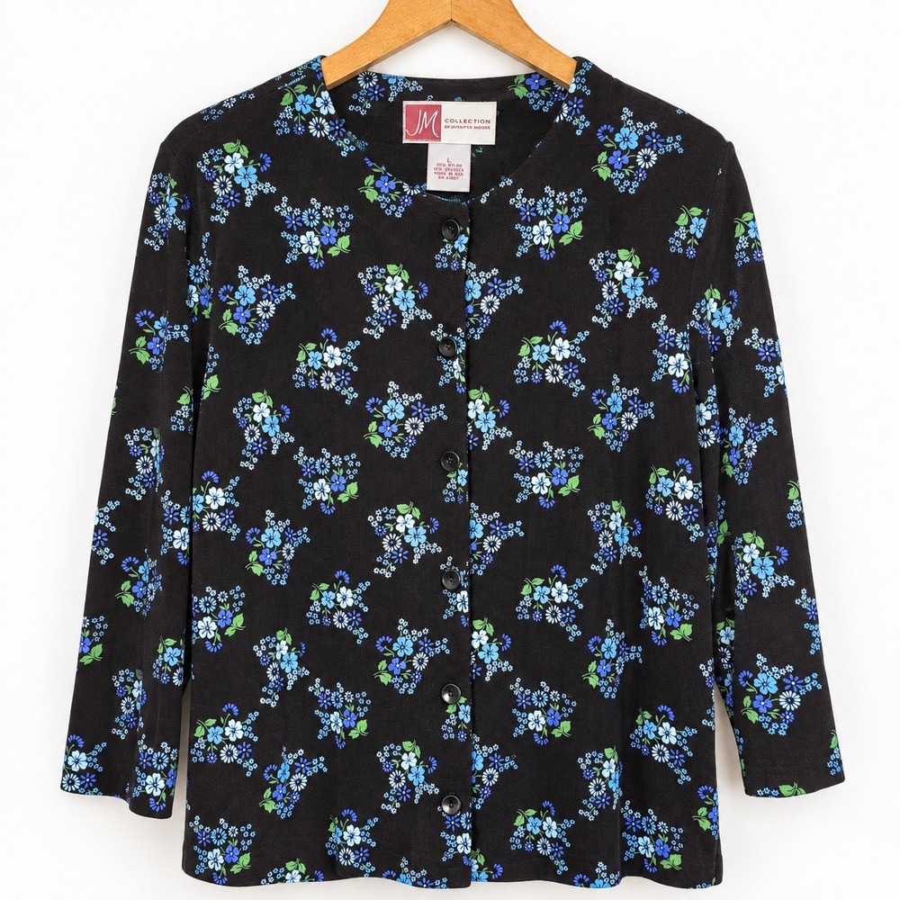 JM Collection Floral Button Front Top Womens L Black Blue 3/4 Sleeve Excellent